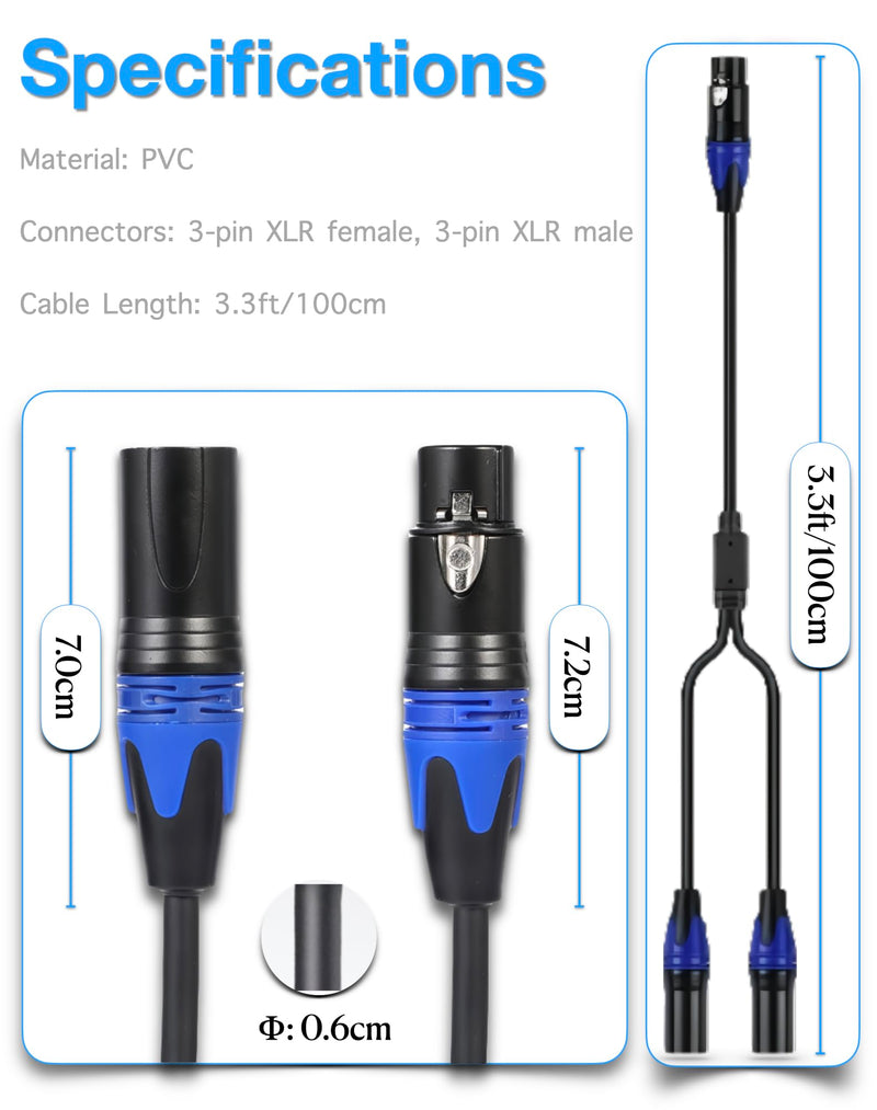 XLR Splitter Female to 2 Male Cable, XLR Microphone Cable, XLR Y Splitter Cable 1 Female 2 Male, 3 PIN XLR Jack to 2 XLR Plugs Adaptor Cord, 3,3 Foot, Blue