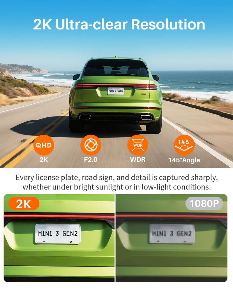 KAWA 2K Tiny Dash Cam, 1296P QHD Mini Car Camera DashCam - Voice Control, G -Sensor, Free 32GB TF Card, Built-in WiFi, APP Control, WDR/3D DNR with Super Night Vision, 24H Parking Mode Black