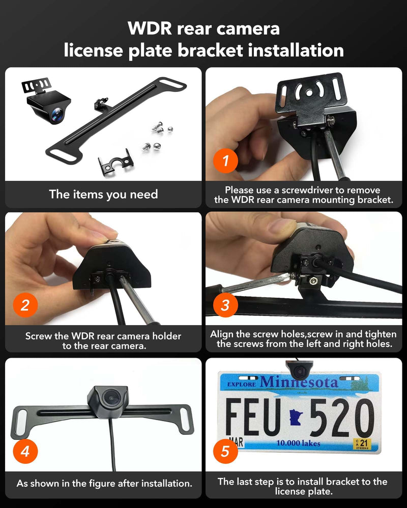 WOLFBOX Reverse Rear Camera License Plate Bracket, Car Dash Cam Mirror Camera Kit Rearview Camera Mount, Installation Holder for Backup View Camera(Suitable for G840S/G930/G910/T10)