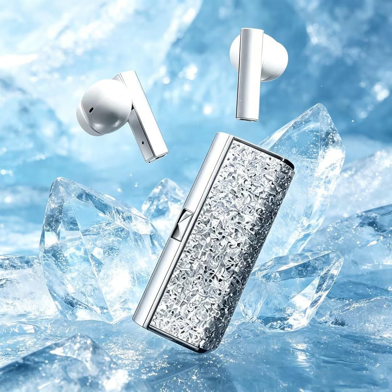 Lipstick Shape Wireless Earbuds, Sparkling Silver Crystal Decor Mini Earphones with Portable Charging Case,Clear Audio in-Ear Headphones, Elegant for Women