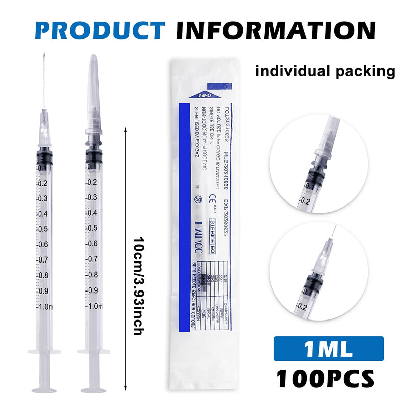 SPORWAY Pack of 100 Sterile Syringes, 1 ml Plastic Syringe with Needles with Caps, Colostrum Syringe 1 ml Dosing Syringe for Refilling and Measuring Liquids, Pet Feeding (White) White