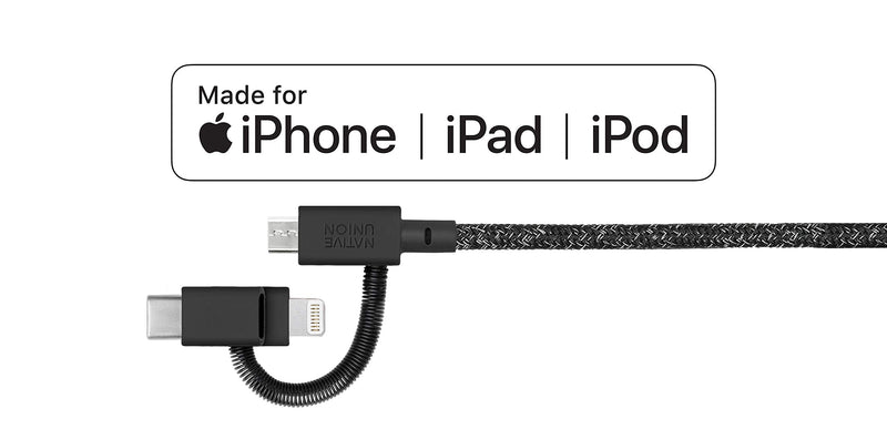 Native Union Belt Cable Universal - 6.5ft Ultra-Strong Reinforced [MFi Certified] Durable Charging Cable with 3-in-1 Adaptor for Lightning, USB-C and Micro-USB Devices (Black) Cosmos