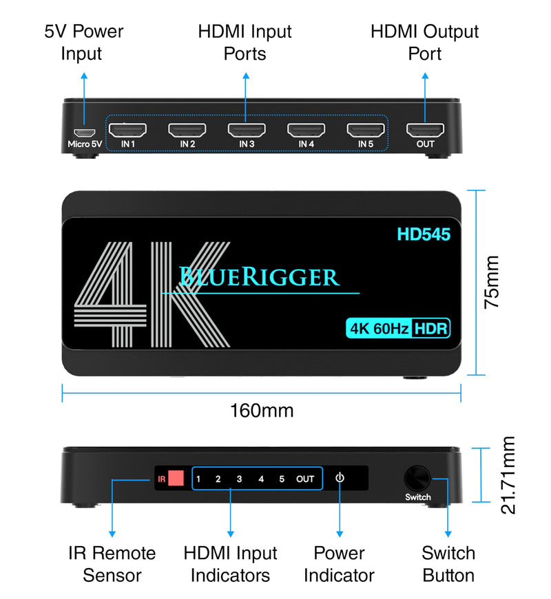 [AUSTRALIA] - BlueRigger 4K HDMI Switch 5 in 1 Out (4K 60Hz, 5 Port Video Switcher, HDMI Hub, HDR10+, 18Gbps, Selector Box with IR Remote) – Compatible with HDTV, PS5, Xbox, Apple TV, Projector, Blu-Ray 