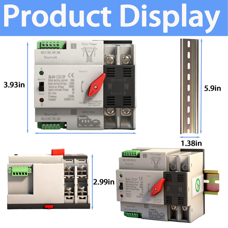 [AUSTRALIA] - Mini ATS Automatic Transfer Switch Dual Power Changeover Switch 100A 110V Generator Electrical Selector Switches DIN Rail Mount 2P/3P Circuit Breaker Toggle Controller 110V 100A 2P(with DIN rail) 