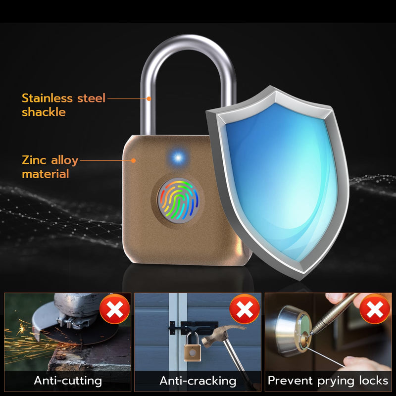 Pothunder Fingerprint Padlock, Smart Padlock, Locker Lock, Biometric Metal Keyless Fingerprint Lock, USB Rechargeable, for Gym Locker, Luggage, Backpack(Placer Gold) Placer Gold