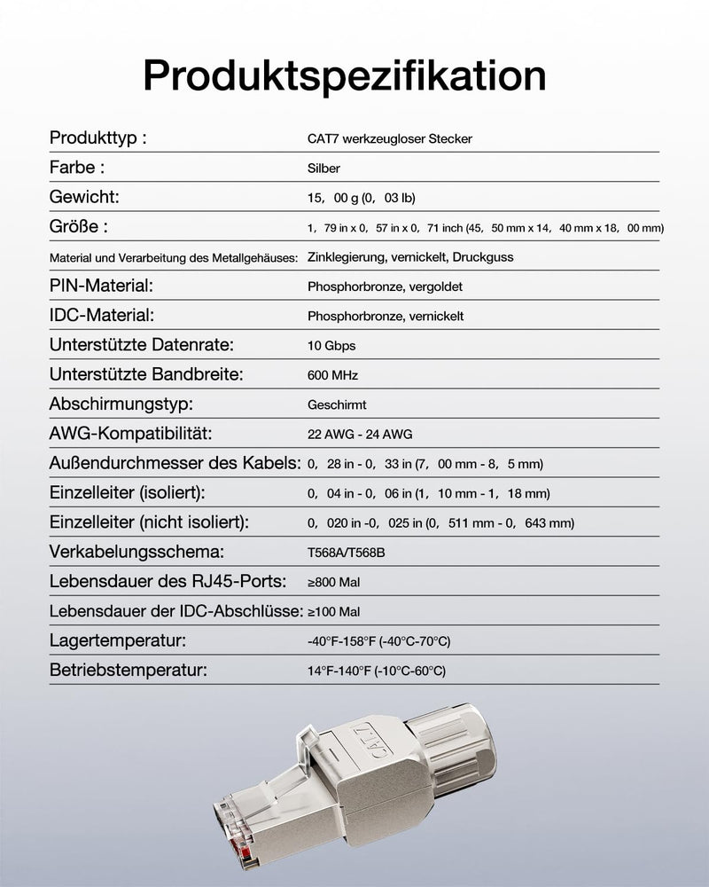 VCELINK CAT 7 RJ45 Plug, CAT 7 Network Plug LSA Shielded RJ45 Connector Tool-free for Installation Cable CAT8 CAT7 CAT6A, 10 Gbps 600 MHz, Pack of 4 4 pcs.