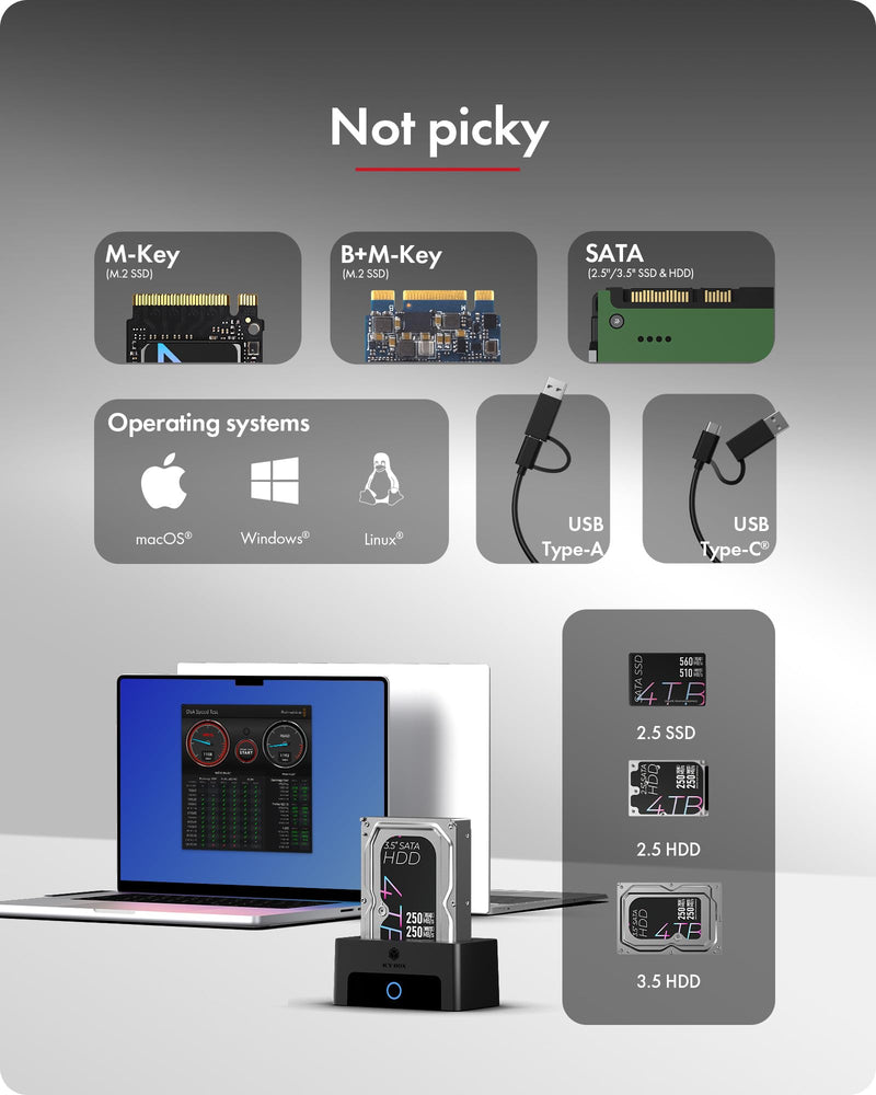 M.2 NVMe & SATA Hard Drive Docking Station, ICY BOX 10Gbps M.2 NVMe SSD Dock for 2.5" & 3.5" HDD/SSD, HDD Docking Station with Single Bay, Compatible with M.2 NVMe/SATA 2.5''/3.5'' HDD SSD