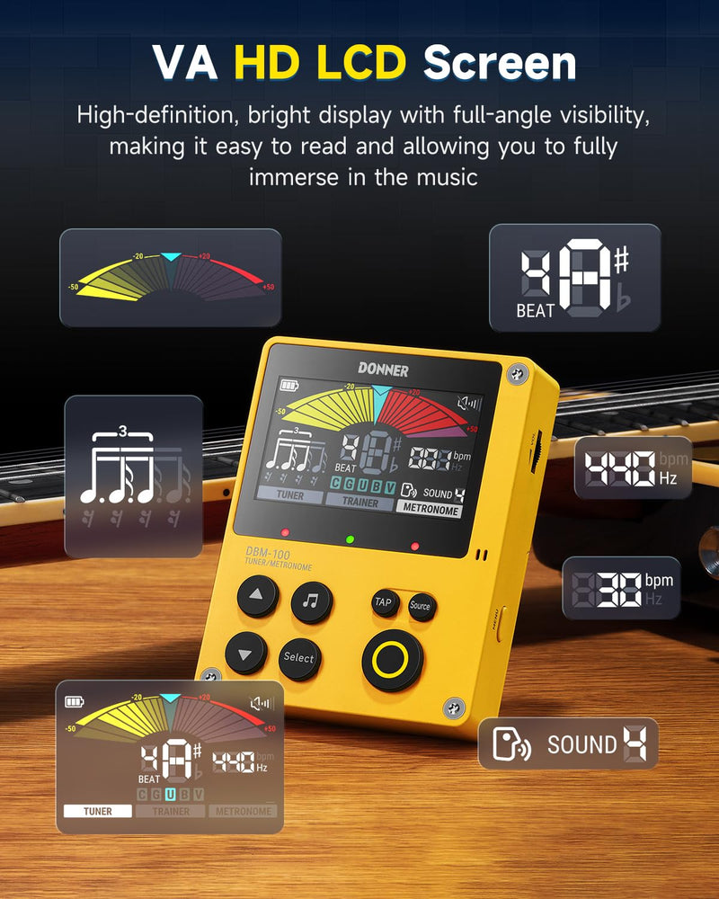 Donner Metronome Tuner, Rechargeable 3 In 1 Digital Metronome with Trainer Rhythm Mode, Tone Generator Tuners for Guitar, Bass, Violin, Ukulele, Chromatic, Piano, Flute, All Instruments, Yellow