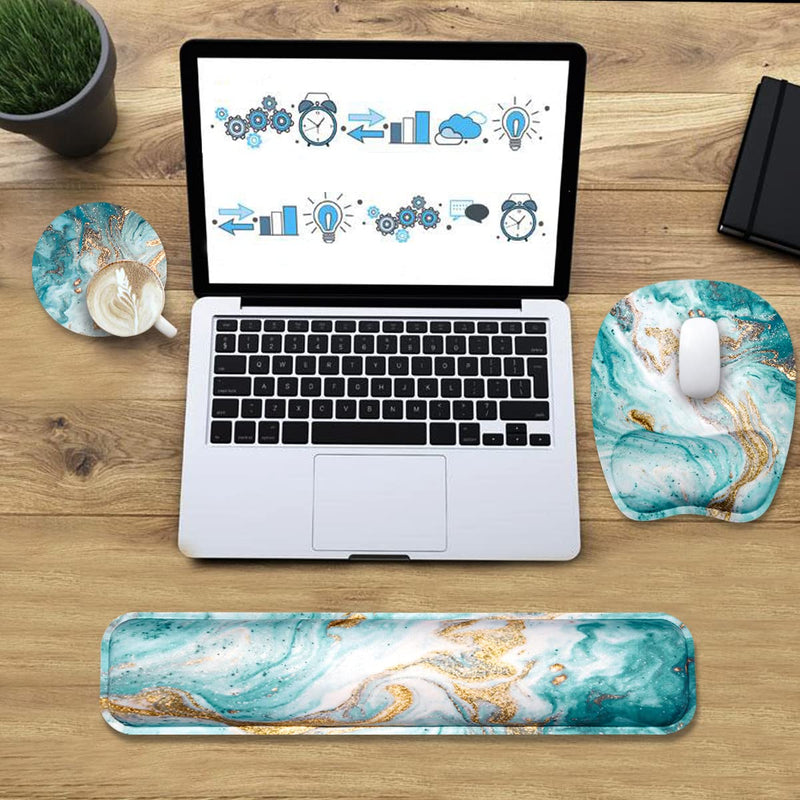 Keyboard Wrist Rest Mouse Pad Wrist Support for Computer/Laptop Memory Foam Keyboard Pad Ergonomic Hand Rest Wrist Cushion for Home Office Gaming - Green Marble