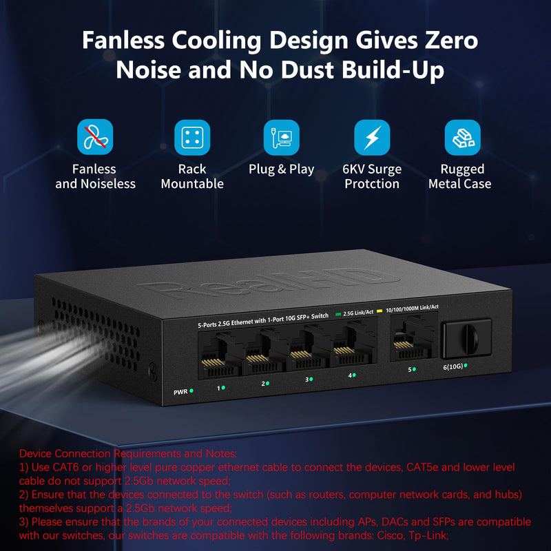 5 Port 2.5Gb Ethernet Switch Unmanaged Network Switch Splitter | Metal Casing | 5 x 2.5 Gigabit | 1 x 10G SFP+ | Multigig Switch 10-100-1000Mbps | 45G Bandwidth | Fanless Internet Switch 6