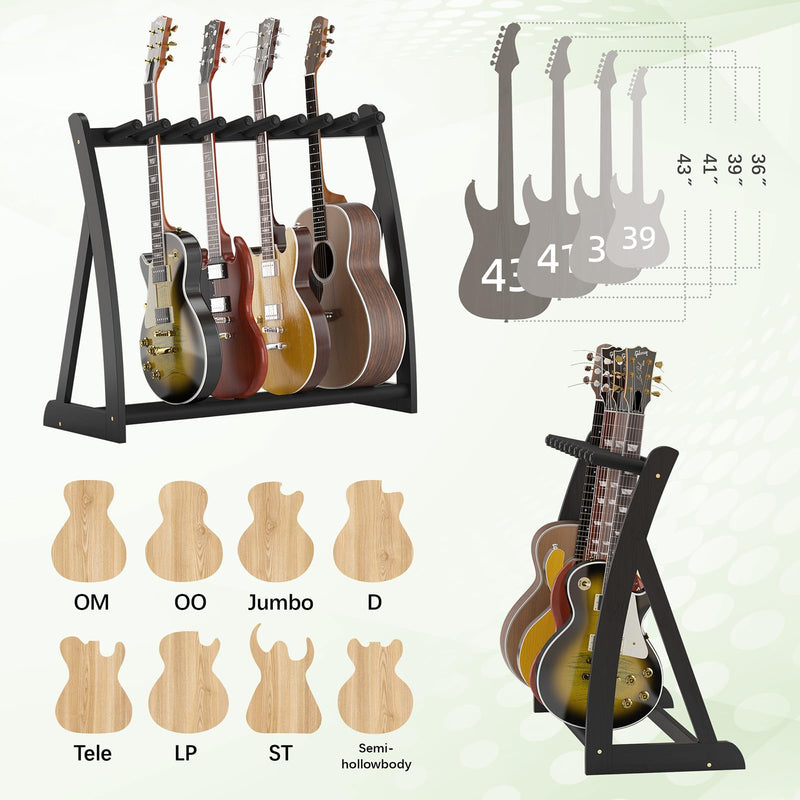 Multi Guitar Stand Heavy Duty - Wood Floor Stand for Electric Guitar and Bass, Adjustable Non-Slip Guitar Rack, Holds Multiple Guitars & Basses (Electric Guitar Stand, Bass Stand, Wood Guitar Stand) Black