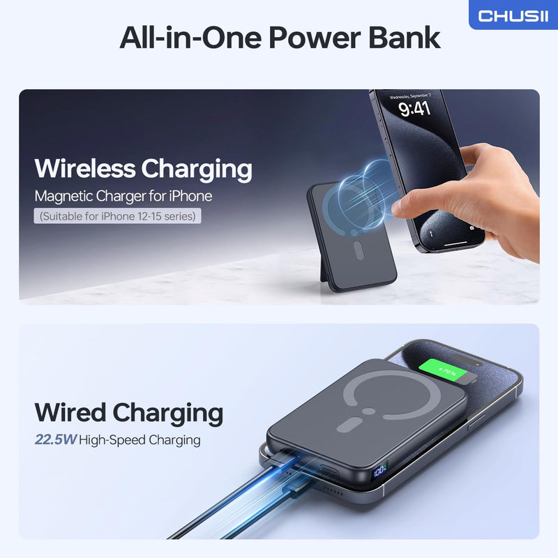 for Magsafe Portable Charger, 12000mAh Wireless Magnetic Power Bank with Stand and USB C in/Out Fast Charging, for Magsafe Battery Pack Compatible with iPhone 15/14/13/12 Pro/Pro Max Series-Black Black