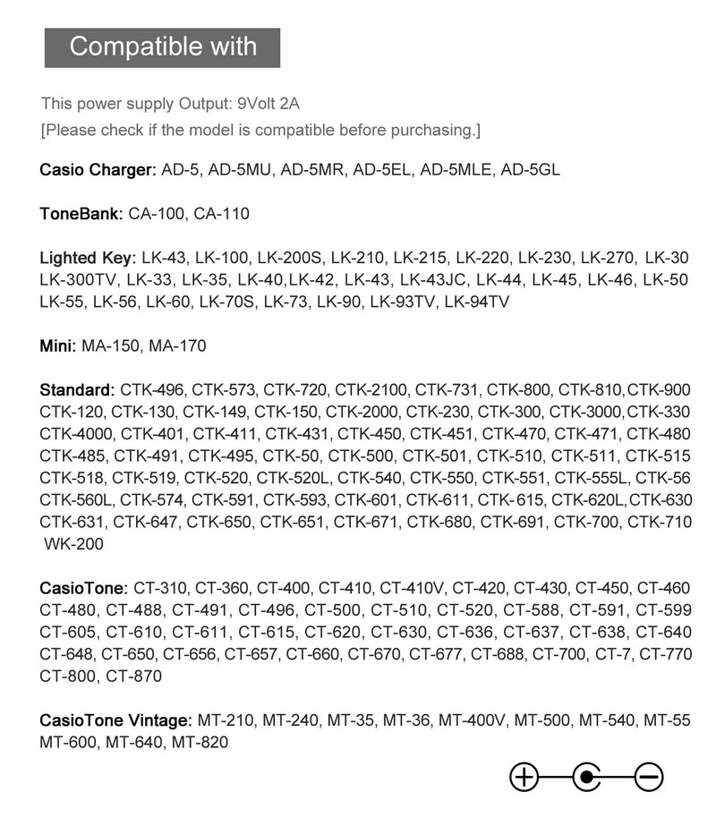 9V Power Adapter fit for Casio Keyboard AD-5 AD-5MU WK-110 WK-200 LK-43 LK-100 CT-360 CTK-496 CTK-573 CTK-611 CTK-700 CTK-710 CTK-2100 CasioTone Piano Keyboard Power Supply Cord