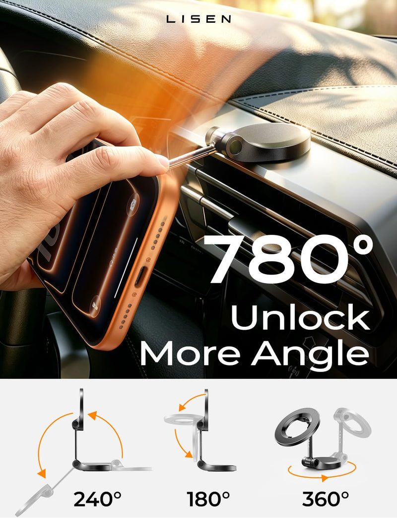 LISEN for MagSafe Car Mount 2 Pack, Classic Magnetic Phone Holder for Car, Car Phone Holder Mount, Dash Car Accessories Gifts for Women Men, for iPhone 17 Pro Max Air 16 15 14 13 12 | Super Compact Foldable Phone Holder for Car, Classic 3M Adhesive No ...