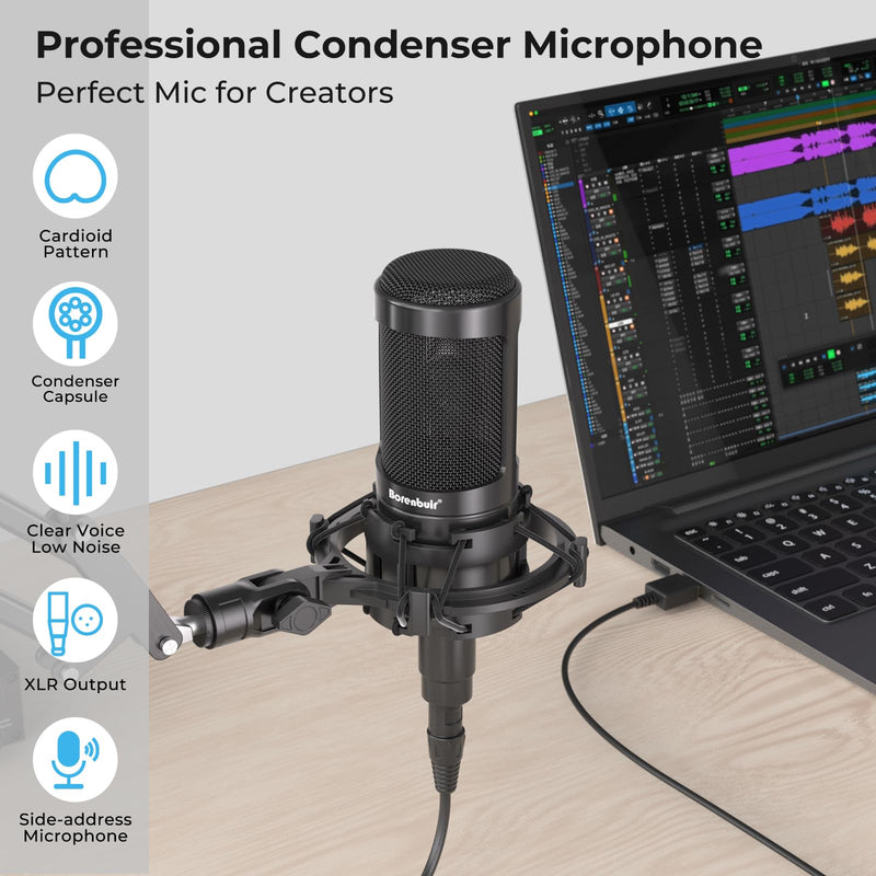 Mic for Asmr, for Audio Interface Cardioid Condenser Microphone XLR, Studio Recording microfono condensador with Shock mounts and Microphone Cable for Podcasting Music Voice-Over