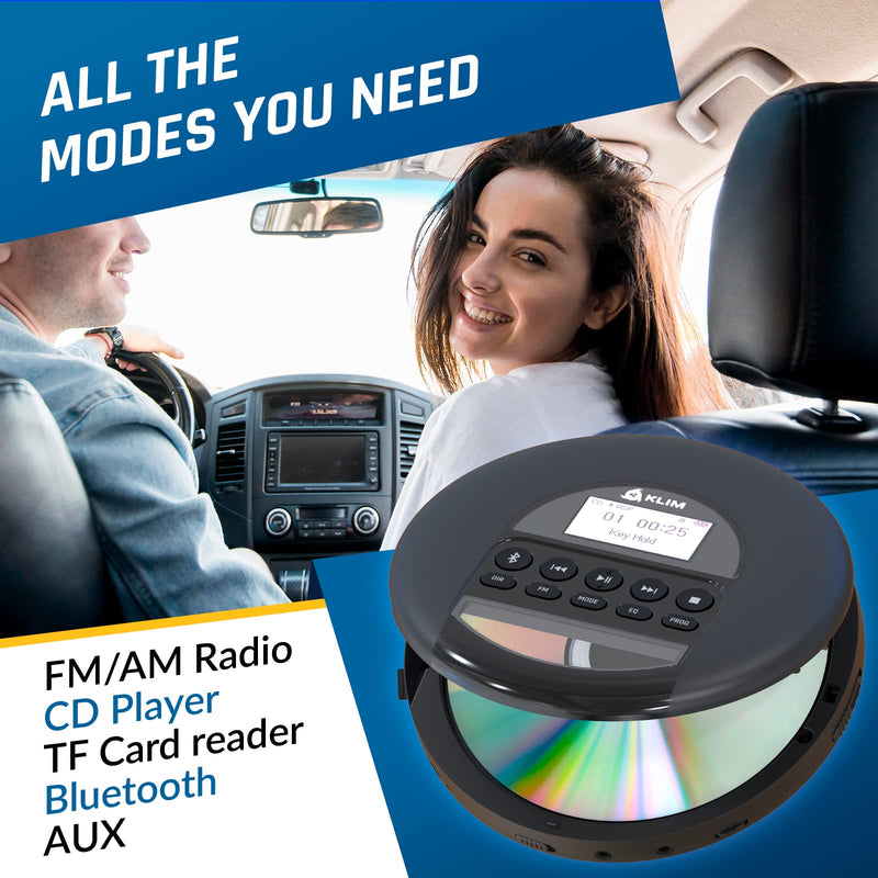KLIM Nomad - New 2024 - Portable CD Player Walkman with Long-Lasting Battery - with Headphones - Radio FM - Compatible MP3 CD Player Portable - TF Card Radio FM Bluetooth - Ideal for Cars - Black