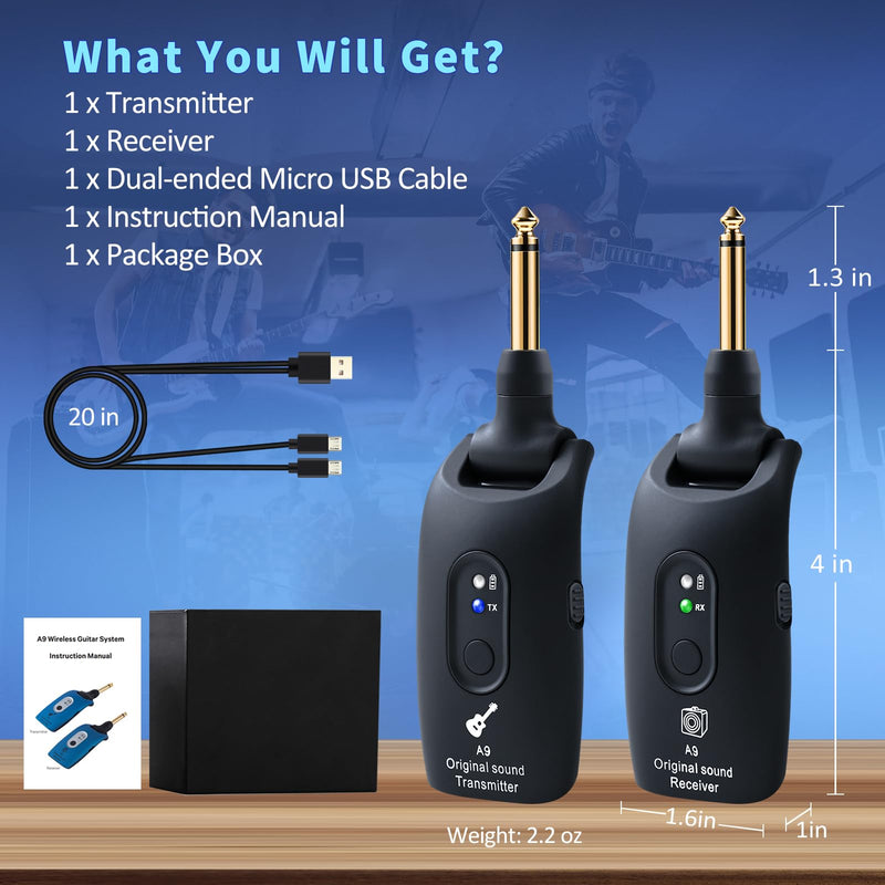 [AUSTRALIA] - 2.4GHz Wireless Guitar System Rechargeable Audio Wireless Transmitter Receiver for Guitar Bass Electric Instruments,Over 30m/100 Feet Transmission,270°Rotatable,4hours Woring Time（A9 Black） 