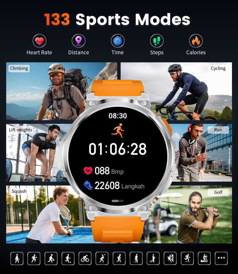 ESFOE 1.85" Large Screen Smart Watches for Men Compatible with iOS Android, LED Flashlight/730mAh Large Battery, Fitness Tracker with Heart Rate/Sleep Monitor/100+ Sports Mode, Bluetooth Call(Silver) Silver Style C