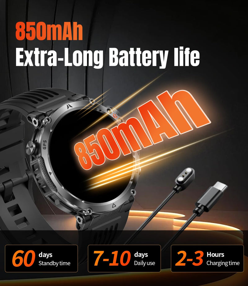 Military Smartwatch for Men with GPS, 850nAh, 1.7-Inch HD Outdoor Watch | 3ATM Waterproof, Answer/Make Call, with LED Flashlight / 100+ Sports Modes / Fitness Tracker, Compatible with Android & iOS Blue tape