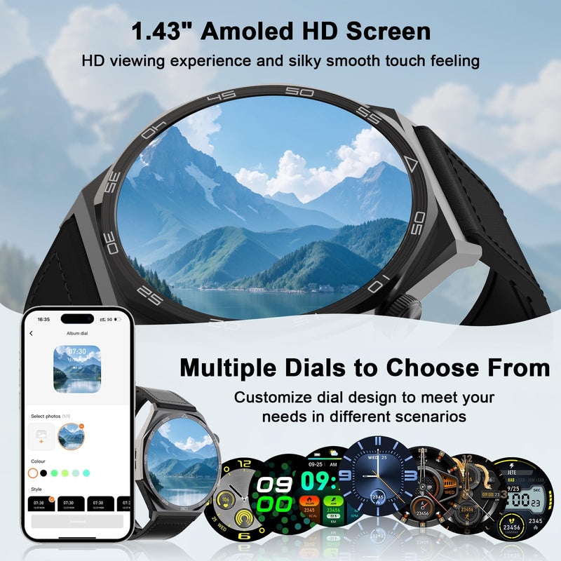 AOC Smartwatch Fitness Sports Watch 1.43 AMOLED HD Touchscreen, AI GPT, Bluetooth Call, Voice Assistant‌, Heart Rate & Sleep Tracking Monitoring, IP67 Waterproof for Men & Women Black