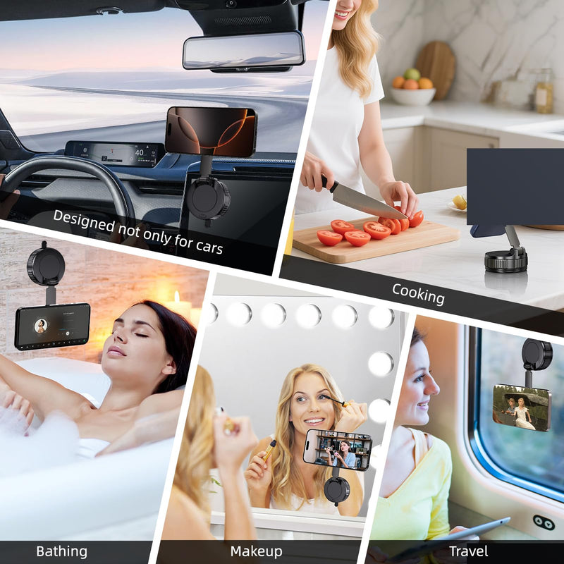 Jikasho Vacuum Magnetic Car Phone Holder for Magsafe, Hands-Free 360° Adjustable Suction Cup Phone Mount for Car/Gym/Mirror/Smooth Surface, Compatible with iPhone & Android (Black-360° Rotating Base)