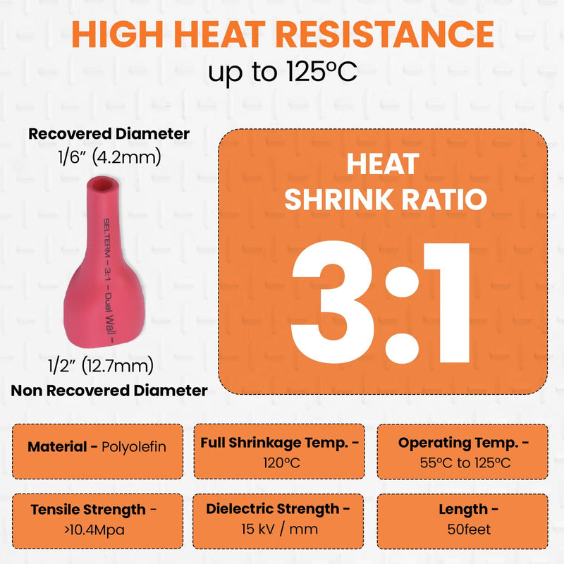 SELTERM 1/2" Red [50 Feet] Marine Grade Heat Shrink Tubing Roll, 3:1 Ratio Dual Wall Adhesive Lined Waterproof Heat Shrink Wrap Tube, for Battery Cable Lugs Wire Terminals Connectors 1/2" - 12.7MM