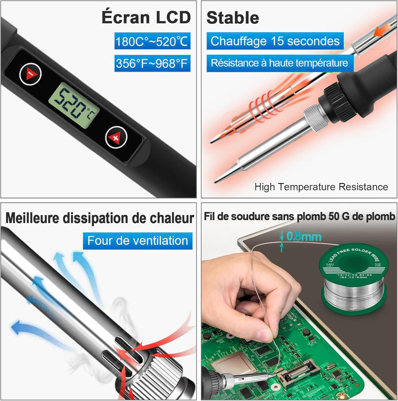 80W Adjustable Soldering Iron Set with LCD Display, Temperature Range 180-520°C, Desoldering Pump, 5 Soldering Tips, Soldering Iron Stand, for Electronic Repairs & DIY Projects