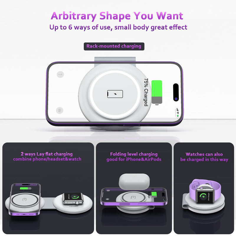 UCOMX Nano Mini Magnetic 2 in 1 Wireless Charger,Traveler Wireless Folding Charging Station,Compatible for iPhone 12/13/14/15 Pro Max,AirPods Pro,iWatch Ultra,Travel Charger for Multple Devices White