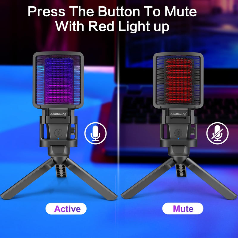 ZealSound Gaming USB Microphone for PC,RGB Condenser Computer Mic with Tripod Stand,Quick Mute,Gain Control for Gaming,Streaming,Podcasting,Recording,ASMR,Cardioid Mic Kit for Laptop/PS4/PS5/Phone RGB