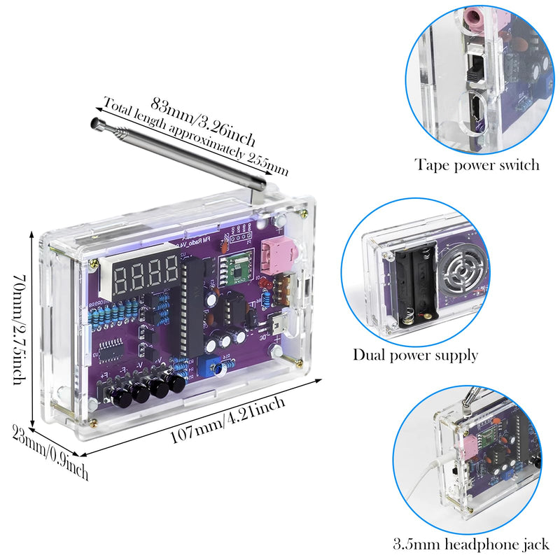 FM Radio Kits, DIY Soldering Projects 87-108MHz Radio Module, DIY Radio FM Receiver Kit, FM Radio DIY Kit for Learning and Teaching, with Acrylic Housing