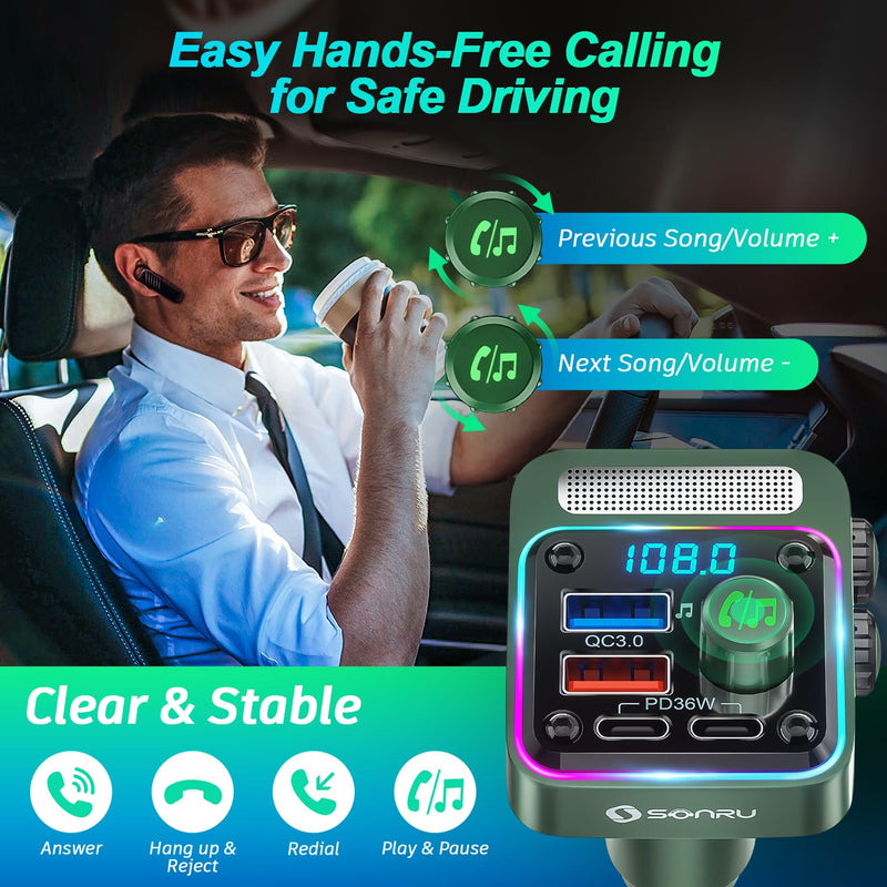 [AUSTRALIA] - Bluetooth 5.3 FM Transmitter Car Adapter - SONRU Car Charger 54W [PD 36W & QC3.0 18W], Wireless FM Radio Transmitter [HiFi Treble & Bass Player], 5 Colors LED Backlit, Hands-Free Calling, U-Disk Green 
