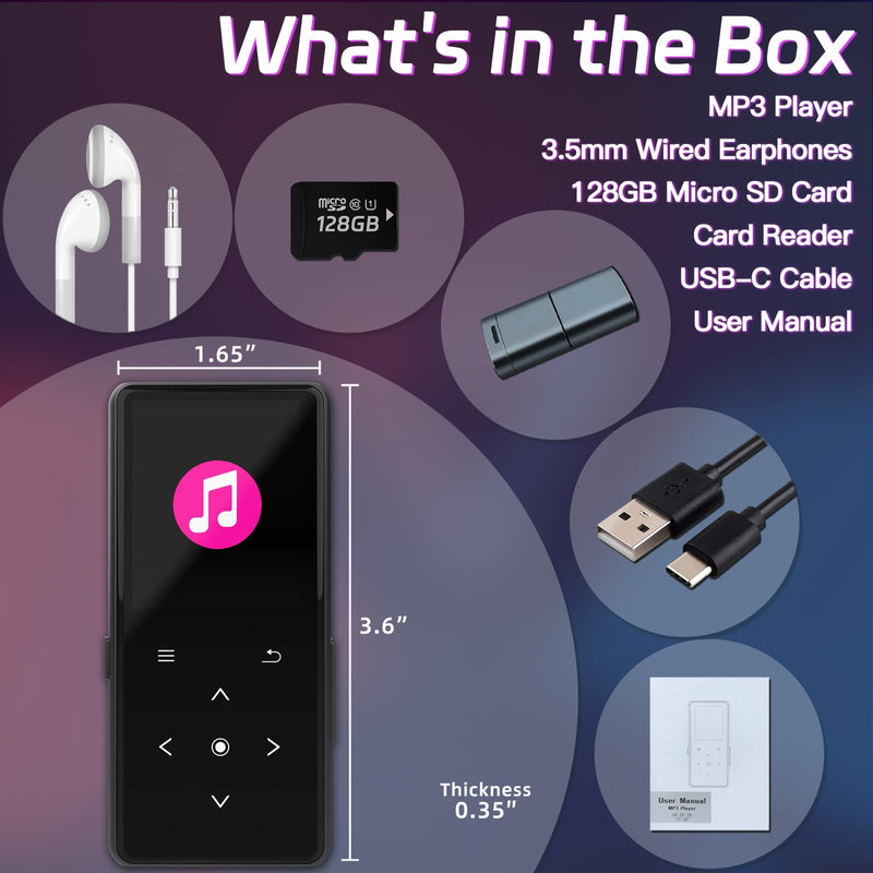 [AUSTRALIA] - 128GB MP3 Player with Bluetooth, Portable Music Player with Built-in Speaker, Enjoying Your Digital Music and Audiobooks Anytime,Includes FM Radio,Recorder,E-Book,and Comes with Earphones Black_V6 