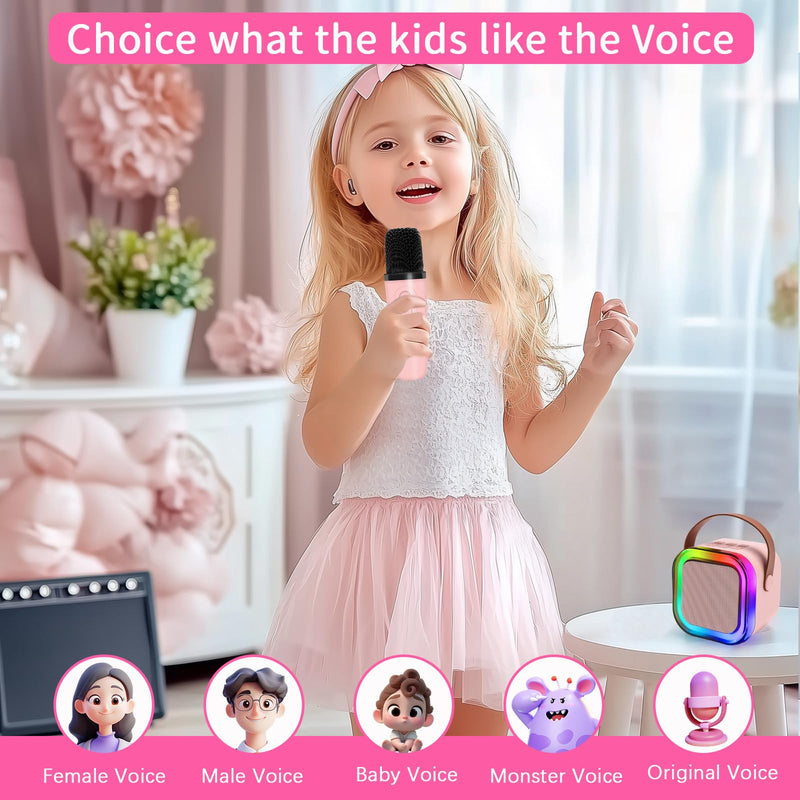 Mini Karaoke Machines for Kids, Girls Portable Karaoke Machine with 2 Microphones Speaker, 3 LED Disco Lights,5 Funny Sound, Gift for Boy Toddler Teen Adult Birthday Holiday Home Party Pink