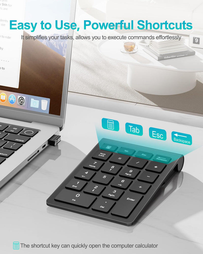 Lekvey Wireless Number Pad, Numeric Keypad and Mouse Combo | 22 Keys & Mouse Set, Share One 2.4G USB, Compact Portable Slim, 10 Key Numpad, for Laptop, Mac, Notebook, PC, Computer, Black