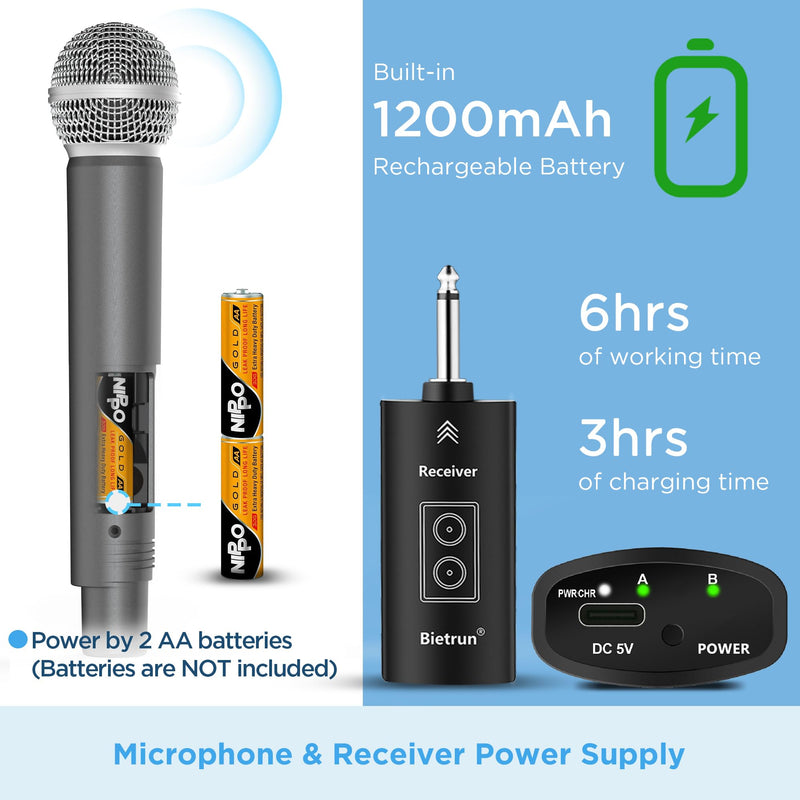 [AUSTRALIA] - Bietrun Wireless Microphone, UHF Dual Handheld Cordless Dynamic Metal Mic Set with Rechargeable Receiver, 1/4'' Plug Output, for Karaoke, Church, Wedding, Party Singing(98 ft Range)(Auto Connect) Battery Microphone-WXM31-2 
