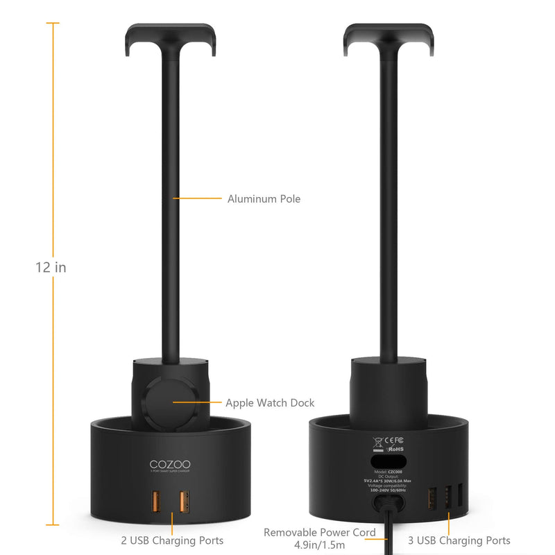 Headphone Stand with 5 USB Charger COZOO Desktop Gaming Headset Holder Hanger with 5 USB Charging Station,Watch Stand and Watch Wireless Charging,Accessories for Gaming,DJ,Wireless Earphone Display