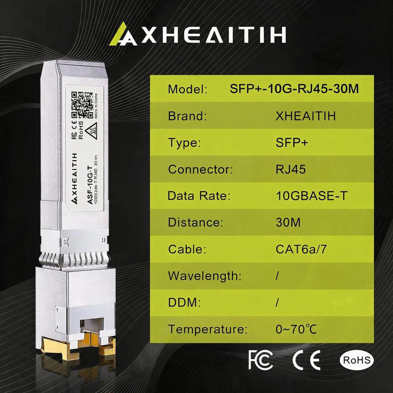 1.25/2.5/5/10G-T RJ45 30M SFP+ Transceiver 10GBase-T CAT6a/7 Optical Module | for Cisco, Broadcom, Fortinet, Netgear, D-Link, Meraki, Supermicro, MikroTik, F5, QNAP, Mellanox 1) 1.25/2.5/5/10GBase-T: 30m X1