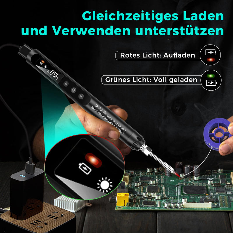 Voktta USB Rechargeable Soldering Iron with LCD, Battery Soldering Iron Set, Ceramic Heating Core, Adjustable Temperatures 200-450°C, with 3 Soldering Tips, It is for Repairing Circuit Boards etc