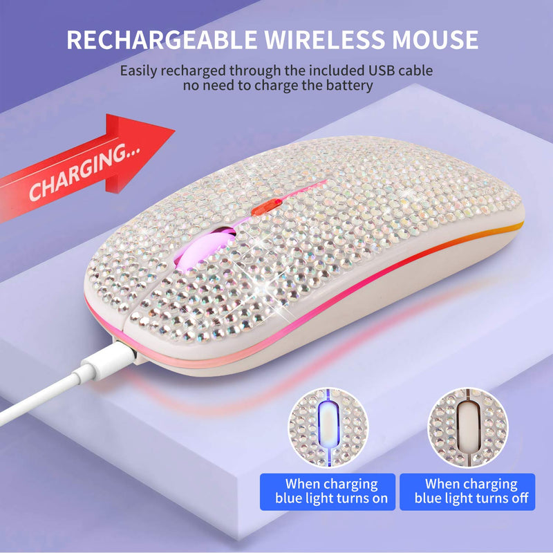 Bling Dazzling Rechargeable 2.4GHz+5.2 Bluetooth Wireless Mouse Covered with Crystal Diamond Rhinestone,RGB Backlit,Great Gift idea for Her (Silver) Silver