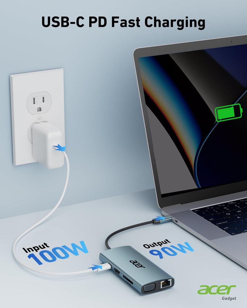 [AUSTRALIA] - Acer USB C Hub with 4k HDMI, 9-in-1 USB C to Ethernet Adapter, 5Gbps USB-A 3.1 Docking Station, PD 100W Charging, SD Card Reader, USB to VGA Splitter for MacBook, Acer, Laptops, Surface and More Space grey 
