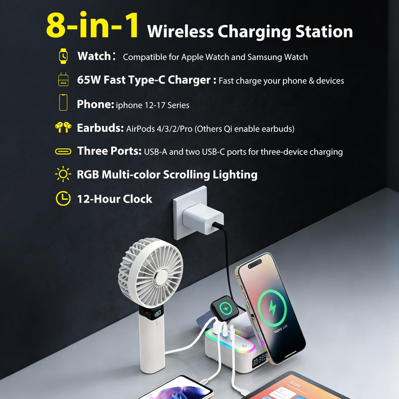 65W 8-in-1 Wireless Charging Station for Apple Samsung Multi-Devices, 3-Ports USB A/C Retractable Charger Stand/Desktop Orgnaizer for iPhone17/16/Galaxy 26/iPad/iWatch AirPods for Home Office, Family White