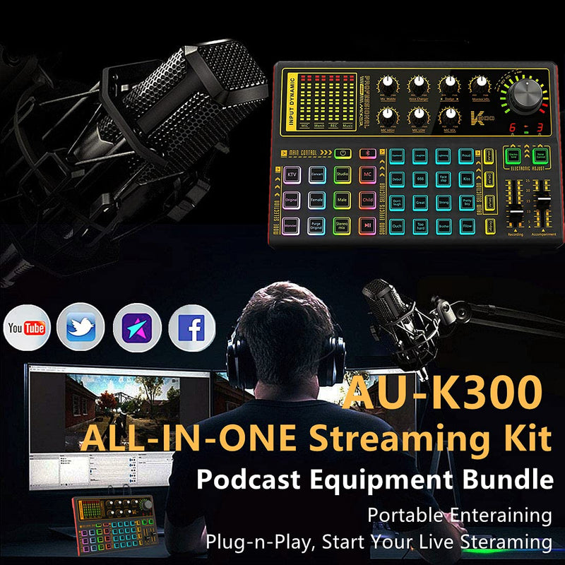 [AUSTRALIA] - K300 Podcast Equipment Bundle, With Podcast Condenser Microphone, Voice Changer Sound Card with Multiple Sound Effects and LED Light, Prefect for Streaming/Podcasting/Gaming/Recording/YouTube/PC SK300 Mic 