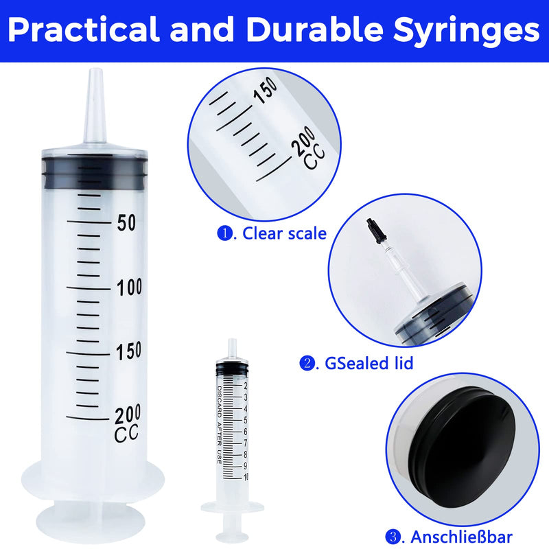 Bohoray Large Syringe 200 ml + 10 ml, Reusable Liquid Syringe with Catheter, Plastic Syringe Dosing Syringe with Cleaning Brush for Scientific Laboratories, Garden Watering, Industry 200ml 1