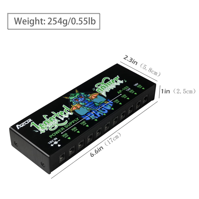AZOR AP-103 Guitar Pedal Power Supply, True Isolated Pedalboard Power Supply with 10 Totally Isolated DC 9V/12V/18V Outputs(100mA/300mA/500mA), Noiselessly - Reliable Guitar Pedal Board Power Supply