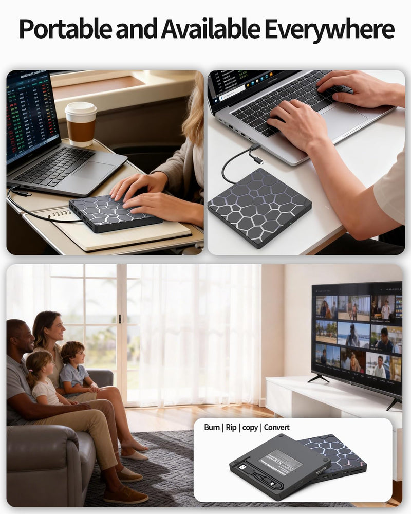 8 in 1 External CD DVD Drive USB 3.0 and Type-C Disc Reader Burner Player | Optical Drive for PC Laptop Desktop MacBook Mac Windows Linux OS Apple 8 in 1
