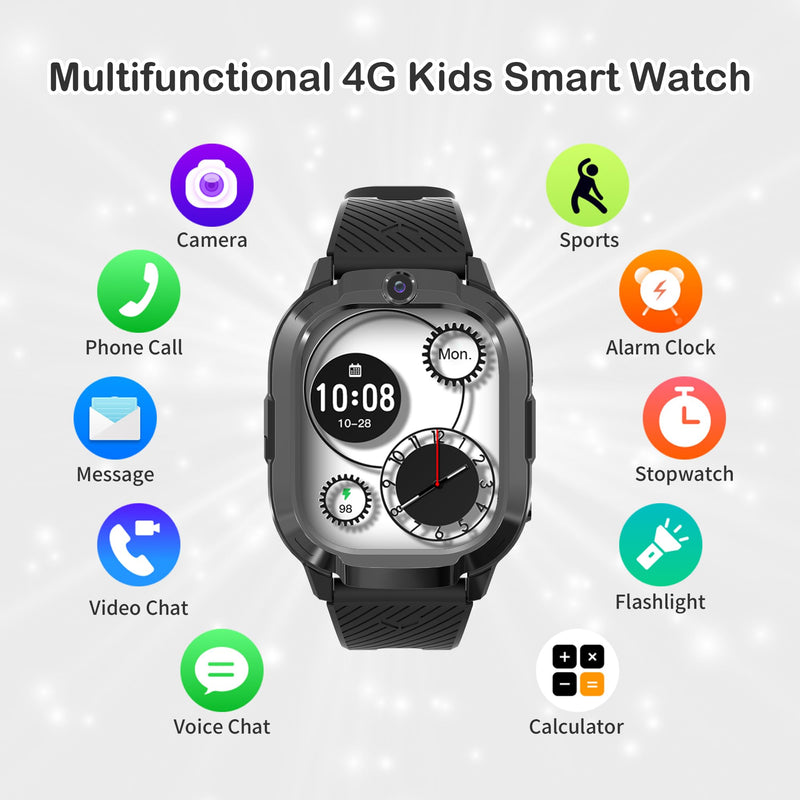 4G Kids Smart Watch with GPS Tracker & Phone Call for Age 5-12,Tracking Smartwatch with SOS Calling, School Mode, Parental Controls, Video Call Voice Chat Camera Alarm Clock Flashlight Birthday Gifts Black