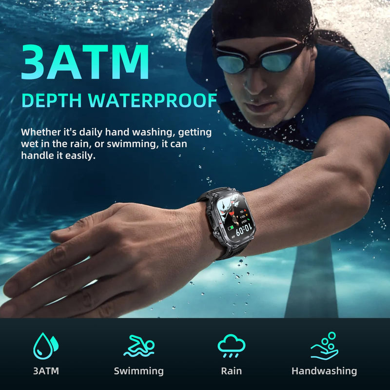 Military Smart Watch Sport Fitness Tracker, with LED Flashlight, 3ATM Waterproof, Answer/Make Calls Message Notification,Heart Rate Blood Oxygen Sleep Monitor, 2.02“ Big Screen, for iPhone/Android
