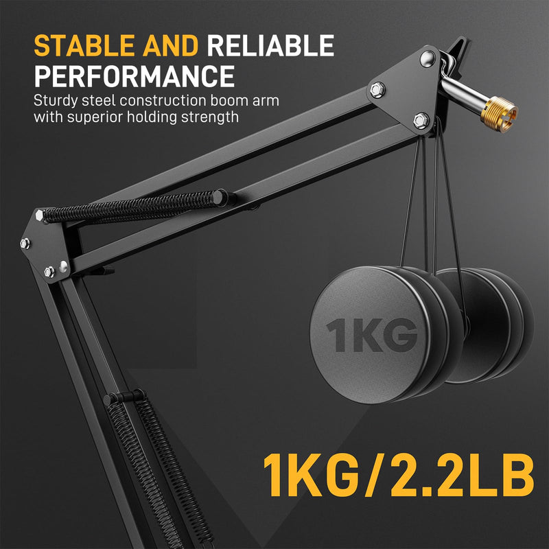 MAONO Boom Arm Microphone Stand: Adjustable Metal Suspension Mic Boom Arm for Podcast Gaming Streaming Recording,with Desk Clamp and 3/8" to 5/8" Screw Adapter-Max Load 1KG BA20 Black