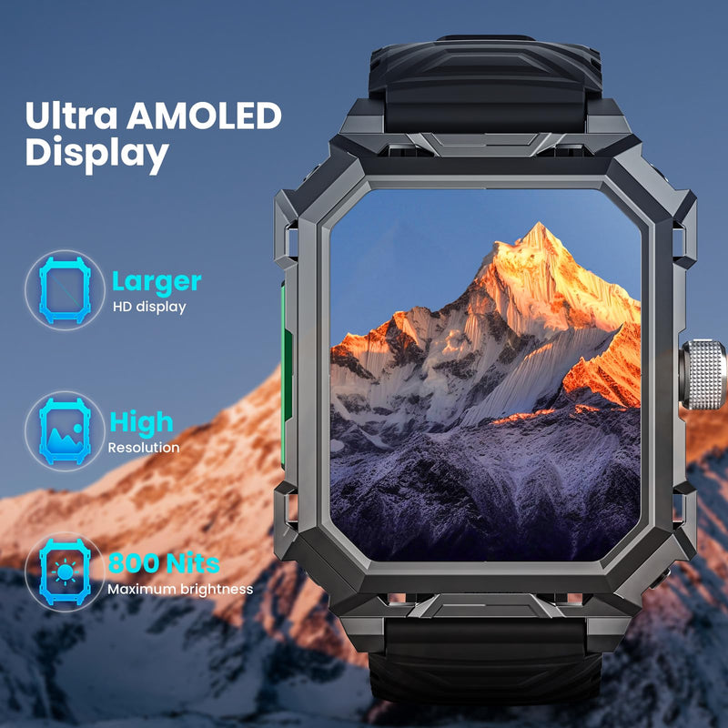 Rogbid Military Smart Watches for Men, 2.06'' AMOLED IP68 Waterproof Smartwatch for Android iOS, Answer/Make Call Fitness Tracker with Heart Rate/Sleep/Stress/SpO2/120+Sport Modes
