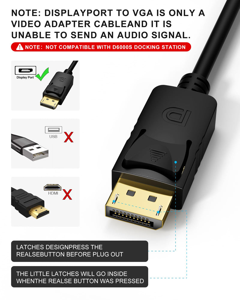 DisplayPort to VGA, VGA Adapter 6 Feet DP Cable Connects Port from Desktop or Laptop Monitor Projector with VGA to Displayport Adapter (Not Bidirectional,Not Compatible with HDMI or USB) 1 pack